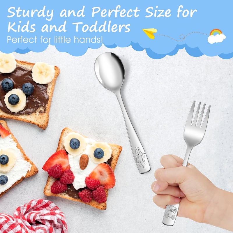 AUOIKK 14-Piece Toddler Flatware, Kids Utensils Stainless Steel Cutlery Set, Children Safe Spoons and Forks with Ergonomic Handle, Easy to use and Dishwasher Safe (Crocodile and Bear) - Image 4